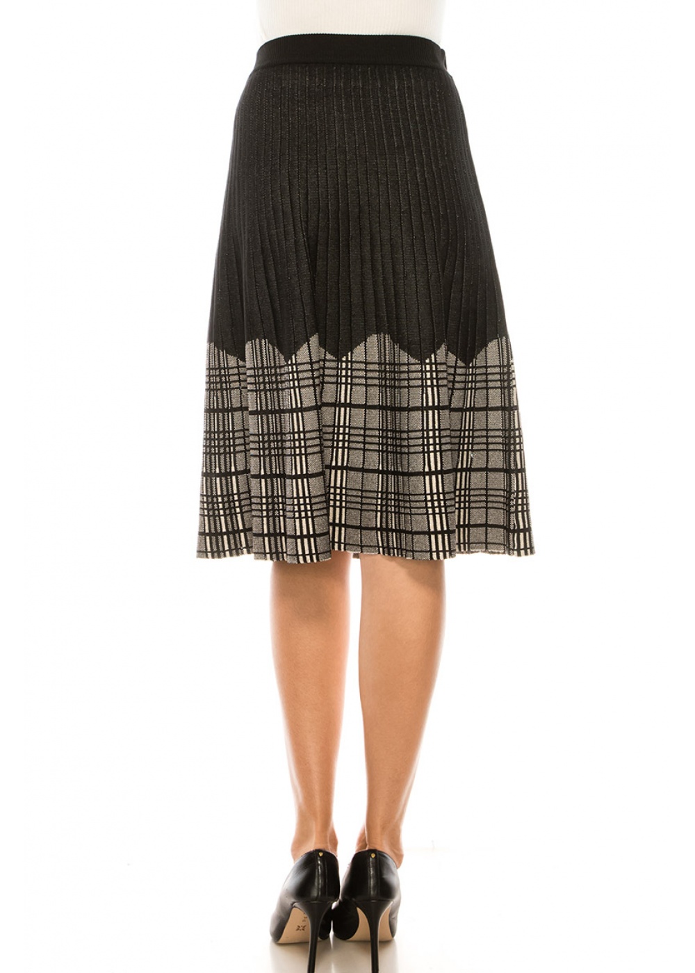 Black Ribbed Skirt With Checkered Accents Modest Women Clothing YAL